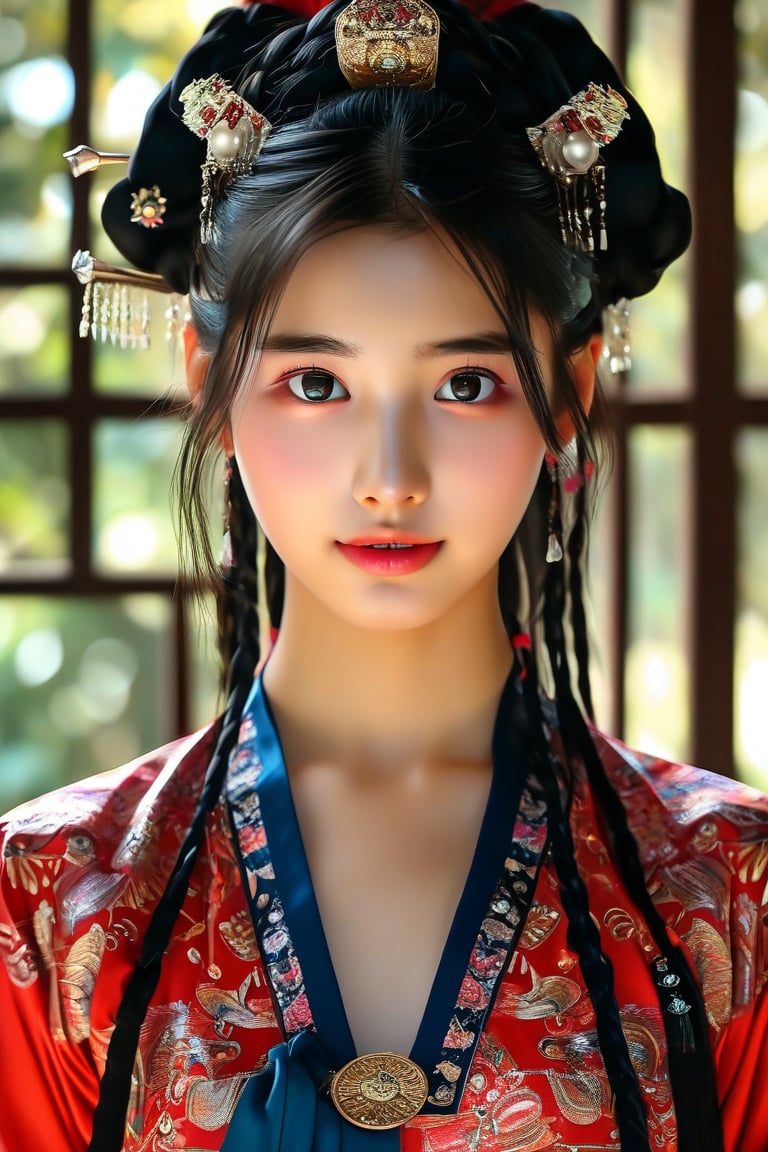 4k,best quality,masterpiece,20yo 1girl,(traditional Korean costume, alluring smile, head ornaments 

(Beautiful and detailed eyes),
Detailed face, detailed eyes, double eyelids ,thin face, real hands, muscular fit body, semi visible abs, ((short hair with long locks:1.2)), black hair, black background,


real person, color splash style photo,
