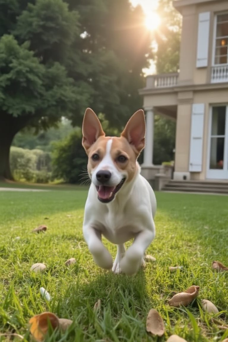 A serene Jack Russell Terrier joyfully playing in a  France palace.


 The dog is mid-action, chasing a toy, with a soft, warm light illuminating the scene. The composition captures the tranquility of the garden and the playful energy of the dog, framed with a wide-angle shot to include the garden's serene surroundings.