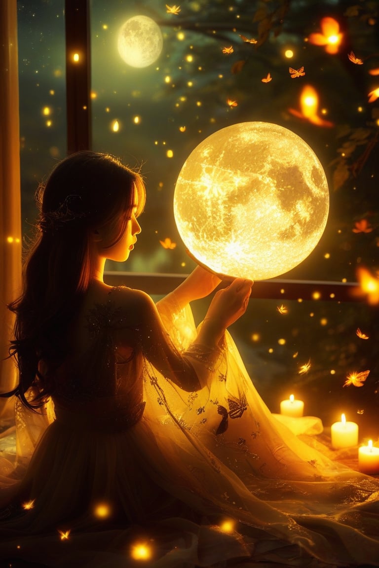 A elegant  girl use a small silk fan  flutters at the flowing fireflies.

Under the Autumn lunar night,
Lie down and watch Altair and Vega on galaxy.

Bright candles and autumn lunar light paint the screen coldly,
