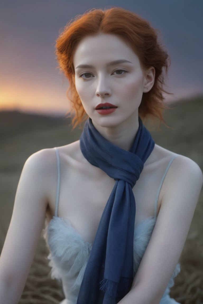 A sorrowful woman, reminiscent of Tilda Swinton's features, sits in a knee-up portrait against the soft glow of an Irish sunset. Her very pale skin and tall forehead are accentuated by her white eyebrows, while her black hair blends seamlessly with a flock of ravens. Dark royal blue lipstick stands out against her bare eyes, which gaze down and slightly to the right. A flowing dark blue scarf, matching her bold lip color, drapes elegantly around her neck. The atmosphere is melancholic, with the cool light casting long shadows across the pale landscape.