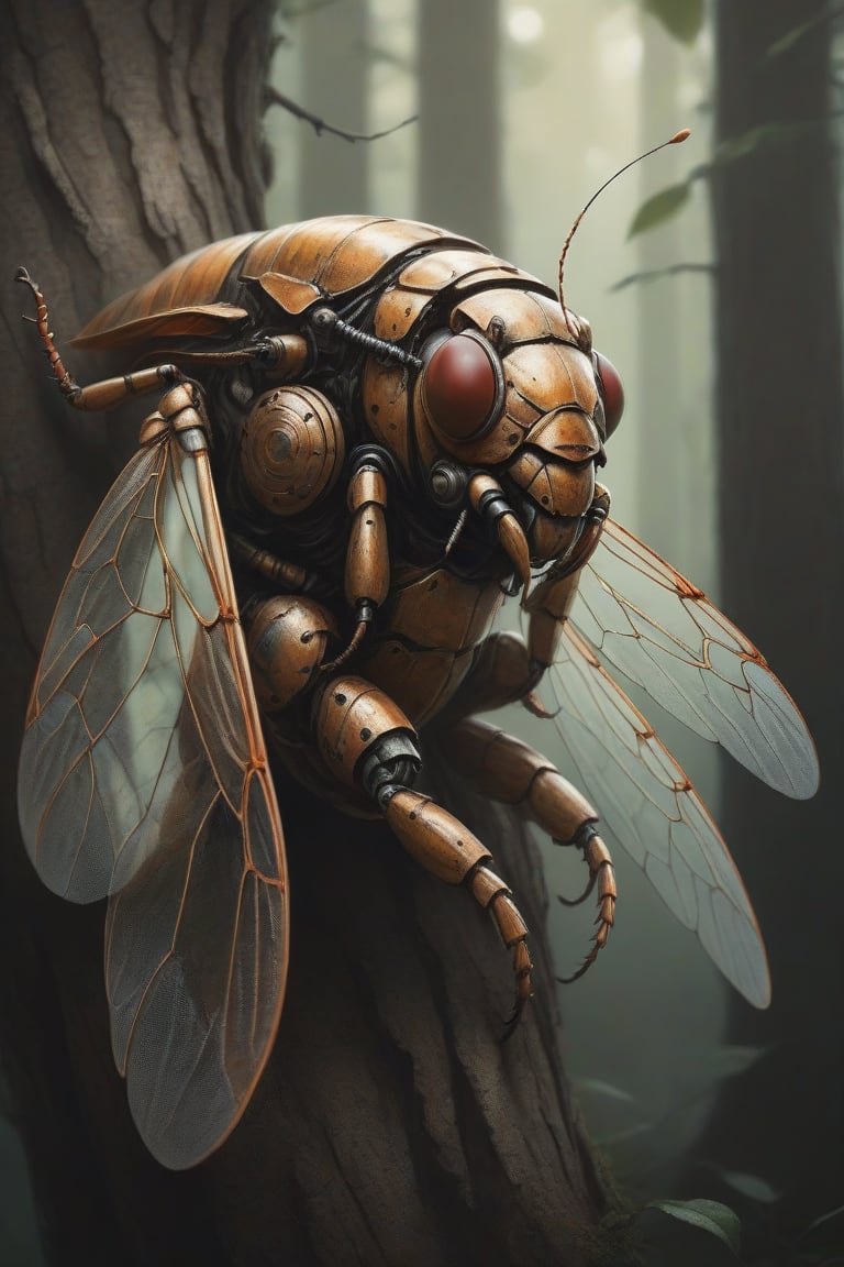 Ethereal portrait of  cicada creature with details of a robot cicada, the full robot body, brown highlights,is climb on a tree. inspired by the style of Peter Lindberg and Lee Jeffries.