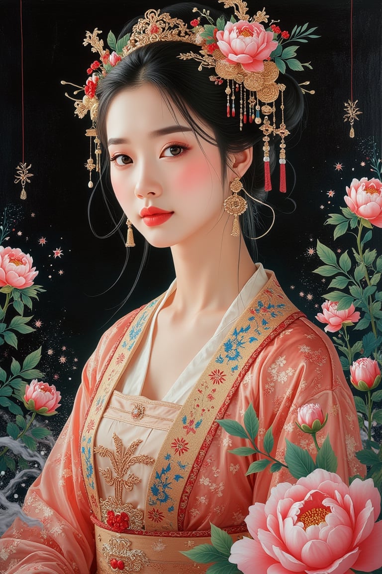 Oil painting  a beautiful girl with a delicate face, three-dimensional and exquisite facial features, exquisite makeup, and bun. She wears gorgeous palace clothes, elegant clothes, gorgeous and exquisite accessories, with a fairy spirit, delicate peony strokes and bright colors. Circling air flow, beautiful and exquisite self-luminous water ripples, dark magic details, complex contrast, strong high-end light, photographic composition, colorful light and shadow, museum lighting, the highest quality master work, story-like lens-like card, new meticulous brushwork, strong contrast, black background, air atmosphere, glowing Particles, beautiful composition, fantasy, high-definition details,(masterpiece:1.3), (8k, photorealistic, RAW photo, best quality: 1.4), (1girl), beautiful face, (realistic face), beautiful hairstyle, realistic eyes, beautiful detailed eyes, (realistic skin), beautiful skin, clean skin, ultra high res, ultra realistic, hightly detailed, golden ratio, K_GIRL,Hanfu, KOLNB