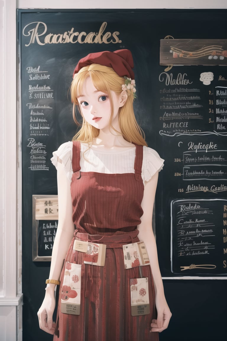 
Beautiful young girl, slender, perfect face, perfect skin, blonde, Nordic, flower print dress, The inside of a vintage bakery, with antique brass scales, a chalkboard menu listing today's specialties, and a red-headed woman wear ribbed shirt, pencil skirt, selecting a crusty baguette from a display filled with an assortment of artisan breads, very realistic, photographic appearance, very detailed, RAW style.