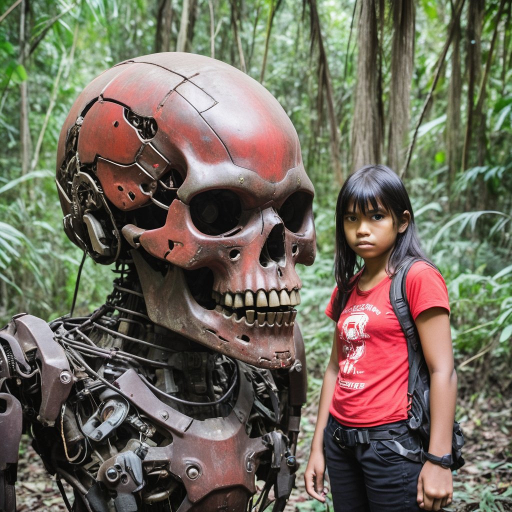 A girl found a gigantic metal skull on jungle.
The girl is 18yo, hi-tec armor.
The metal skull is 4 meter high, is a head of a damaged robots,red color.