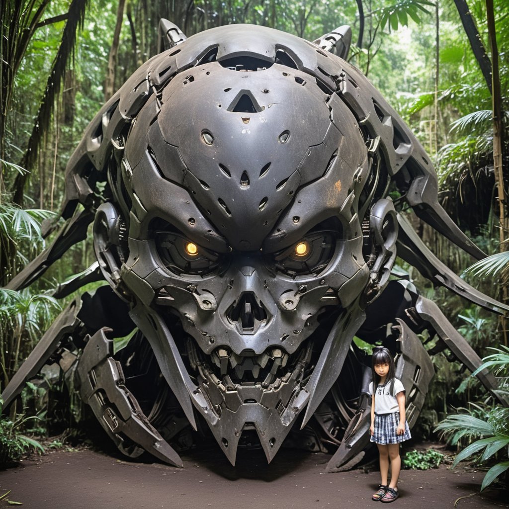 A Japan girl found a gigantic iron skull head on the ground of a   jungle.
The girl is 18yo,wear hi-tec armor.
The metal skull head is 6 meter high, is a head cutted off from a damaged robots,HKMECHA