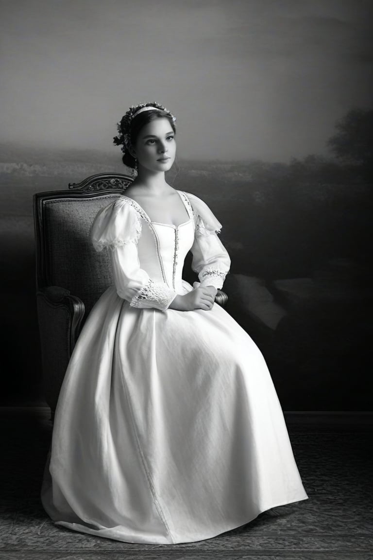 Add color, a woman seated on an antique chair, dressed in period attire, which suggests a historical context. The woman's pose and the style of her dress can provide insights into the fashion of the era depicted. The grayscale tone of the image adds to the historical feel, as it is reminiscent of early photographic processes. The background is minimalistic, focusing attention on the subject. The woman's expression and posture convey a sense of poise and elegance.