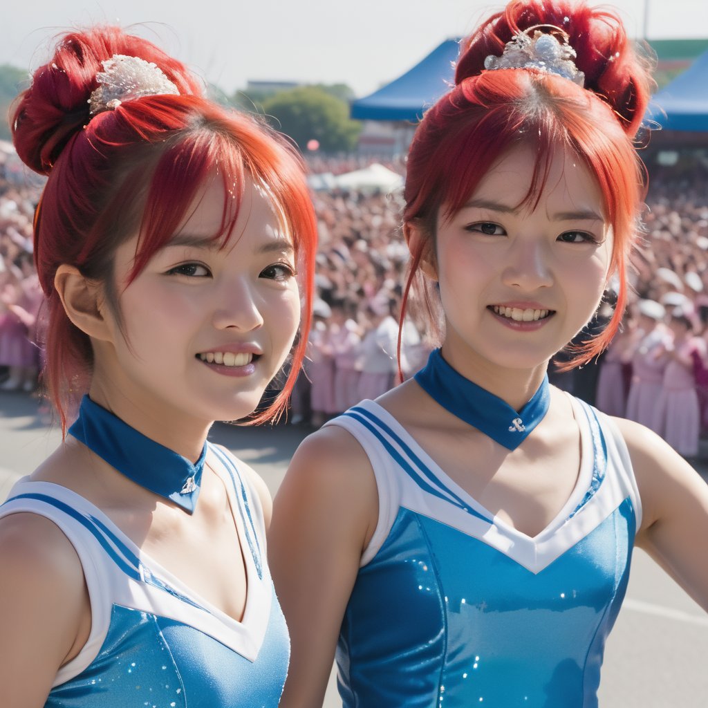 A Korean Sweet cheerleading team,18yo young girls, dressed in vibrant,with pompon, intricately designed uniforms, performs a high-energy dance routine within a bustling city square. The atmosphere is electric as they cheer on the finishers of a prestigious bicycle race, their dynamic poses and synchronized movements drawing in the crowd. Against a bright blue sky with fluffy white clouds, the team's radiant smiles and bold makeup shine like beacons. Photorealistic details capture every texture, from the uniforms' sparkly fabric to the cyclists' sweat-drenched jerseys.,JP_r_g, realistic, photorealistic, asian face