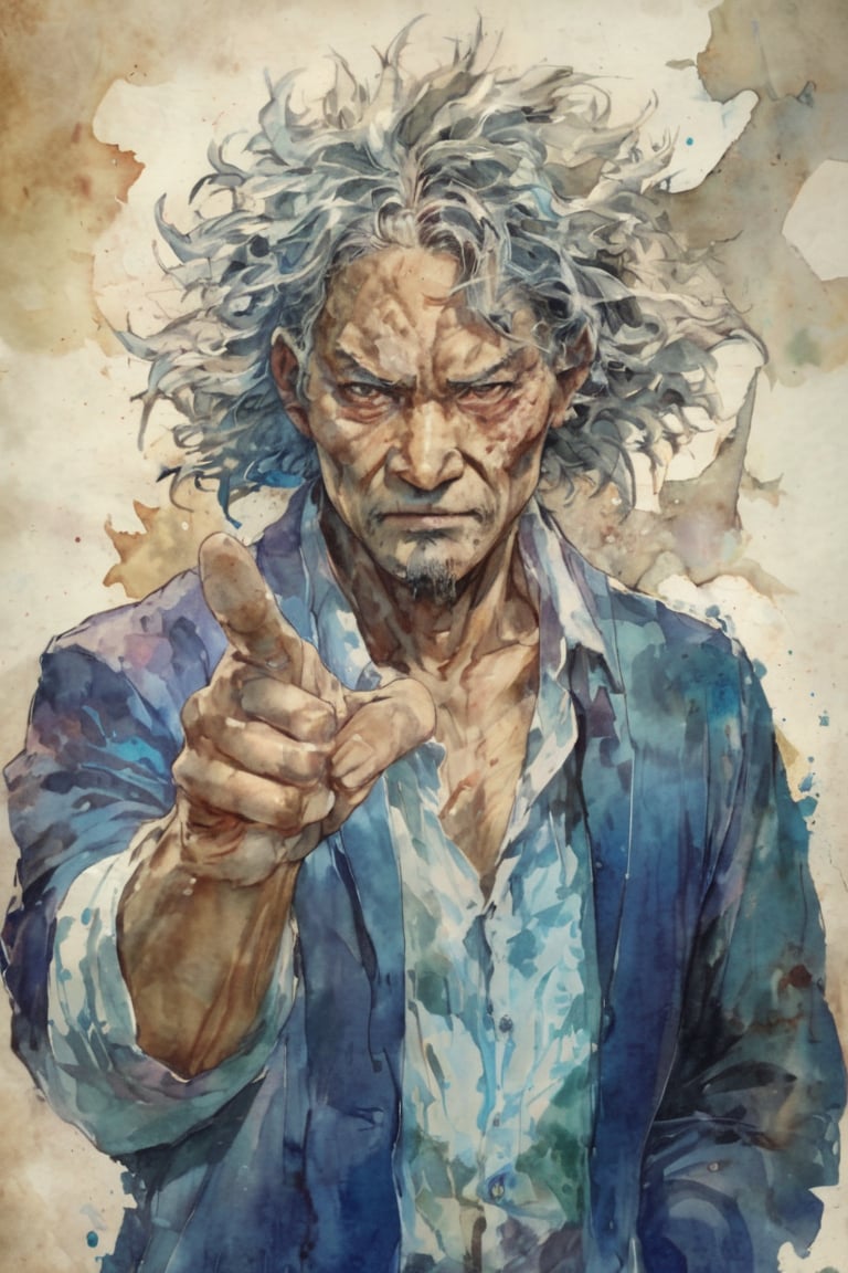 Hong Kong middle-aged man facing the camera, pointing his finger forward, with messy hair, looking fierce, clear facial expression and rough skin texture, art, painting, texture, watercolor background, concept art,