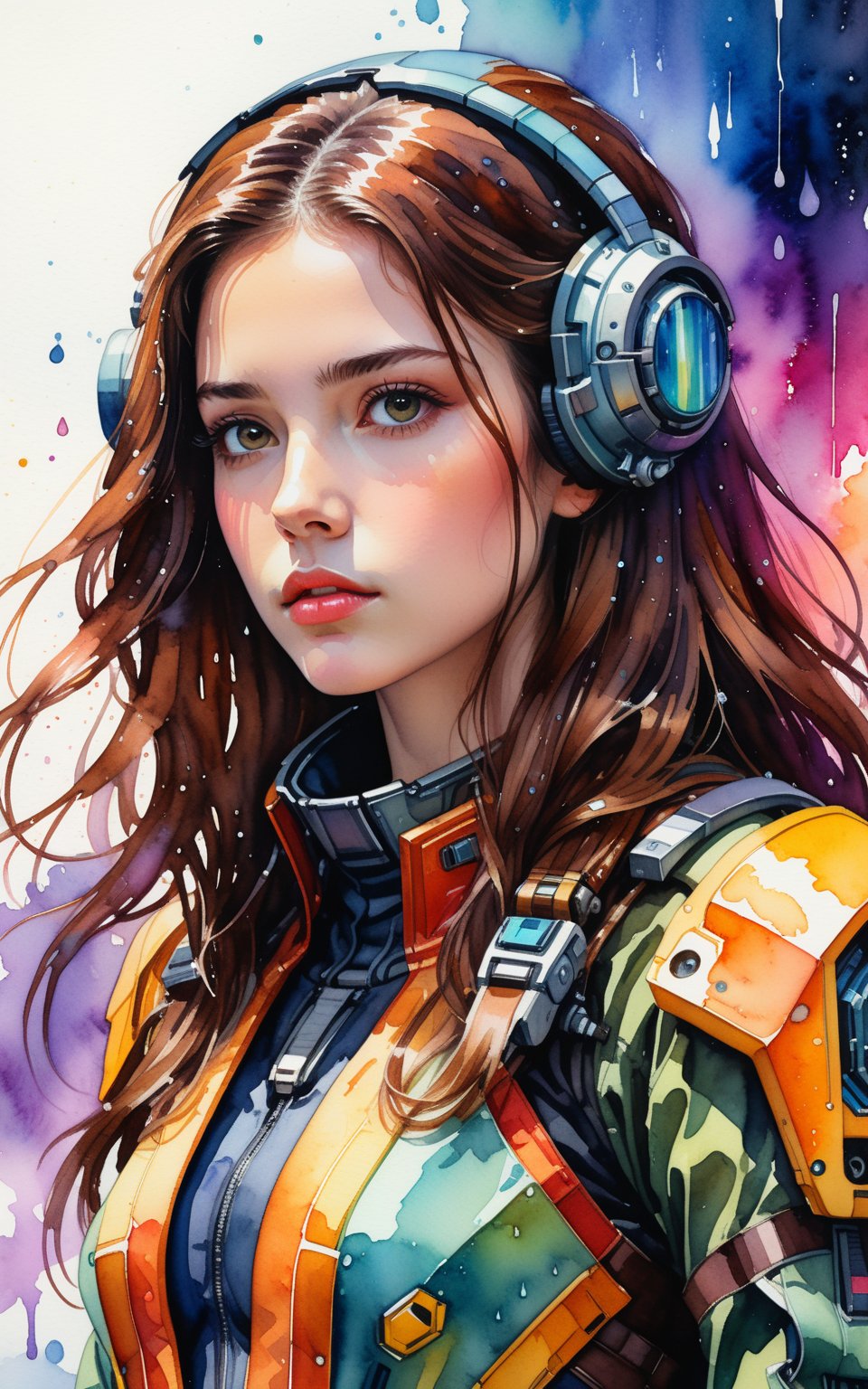 A contemplative young woman with long, brown locks and a subtle mole above her lip gazes directly at the viewer from a solo frame. Her closed mouth conveys a sense of introspection as she stands in front of a vibrant,
She wears a cyberpunk spacecraft pilot suit, adorned with mecha elements, conveying a sense of strength and vulnerability. 
 watercolor-inspired backdrop featuring abstract splashes of color, evoking the gentle patter of raindrops.