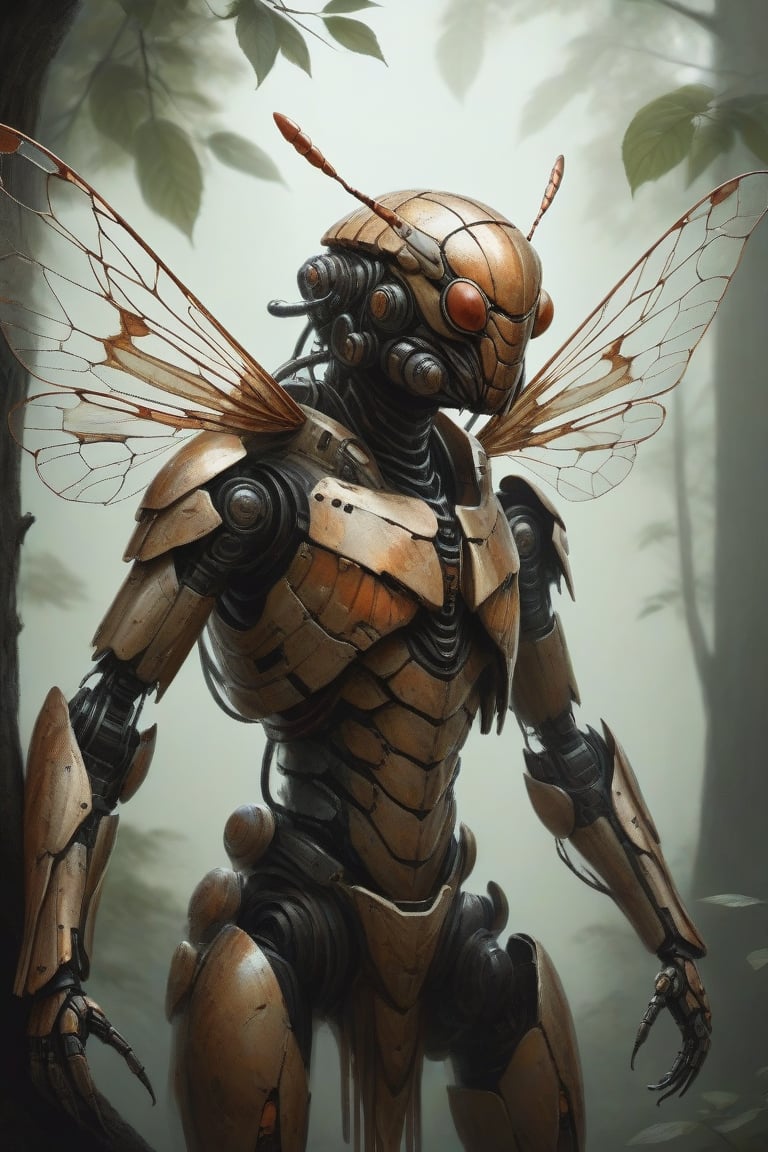 Ethereal portrait of  cicada creature with details of a cicada mecha, the full mecha body, brown highlights,its limbs splayed as it ascends the towering a tree. inspired by the style of Peter Lindberg and Lee Jeffries.