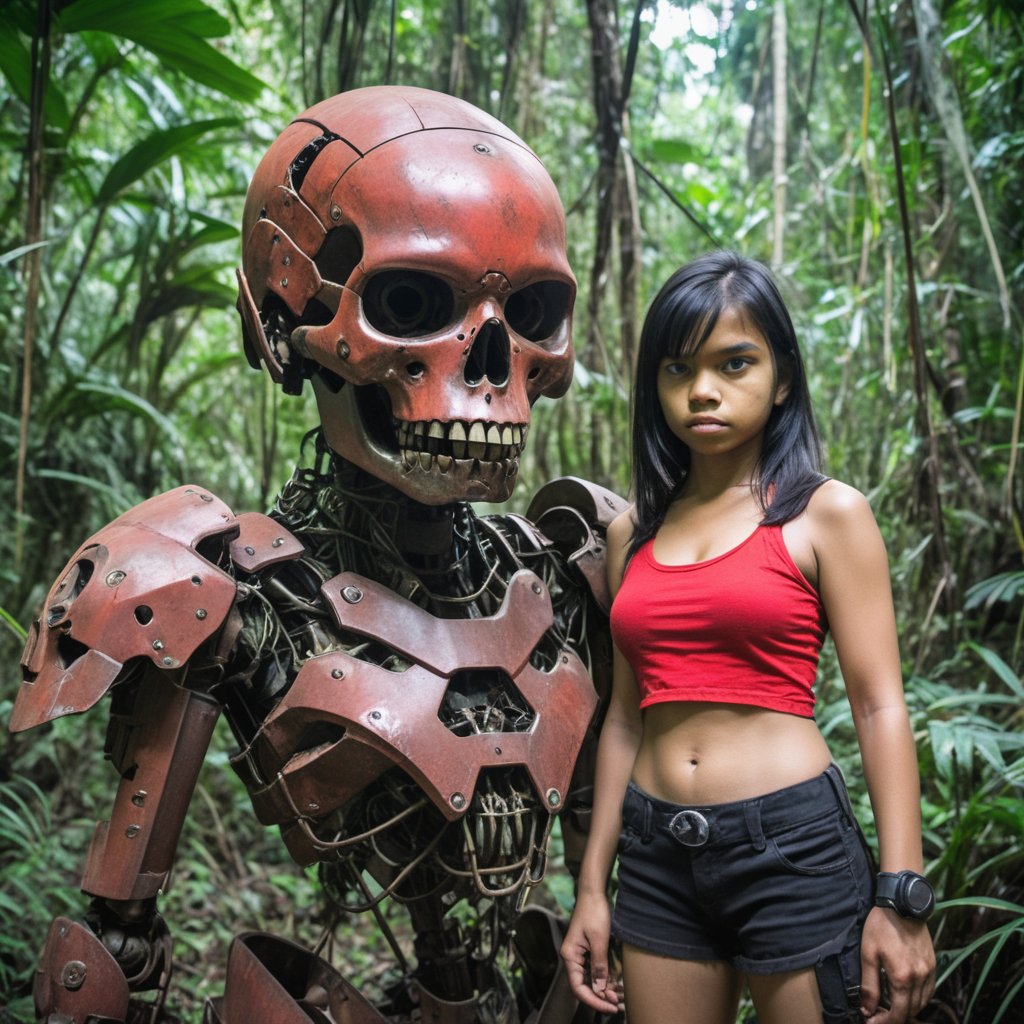 A girl found a gigantic metal skull on jungle.
The girl is 18yo, hi-tec armor.
The metal skull is a damaged robots parts,red color.