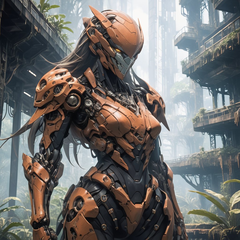 The image features a large, skeletal structure resembling a skull, covered in rust and vegetation, suggesting an abandoned or post-apocalyptic setting. The structure's mechanical details imply it could be a piece of advanced technology, possibly from a science fiction context. The presence of the woman with futuristic attire indicates that this scene is set in a world where such advanced technology exists, and the environment is consistent with a jungle or rainforest, adding to the sense of exploration and discovery. The image does not contain any real people, but rather a figure that could be interpreted as a character from a story set in a dystopian or post-apocalyptic future.,HKMECHA