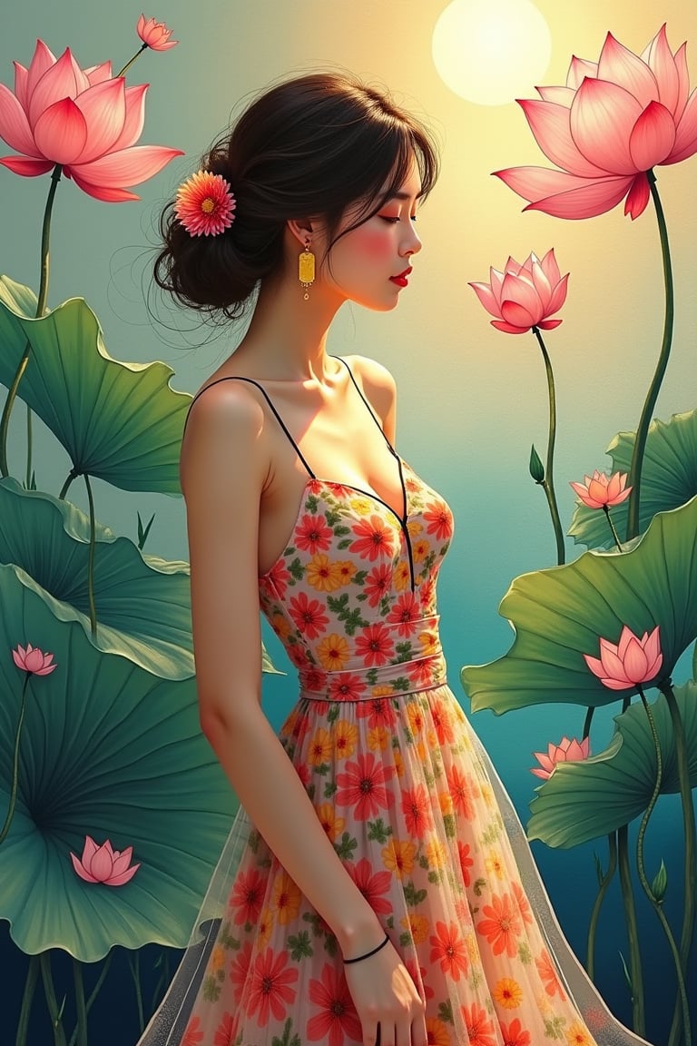 The glass painting uses acrylic paint. A Macau beauty is wearing a floral dress with spaghetti straps. There is a lotus flower wall in the background. It is beautiful and softly illuminated by the sun.