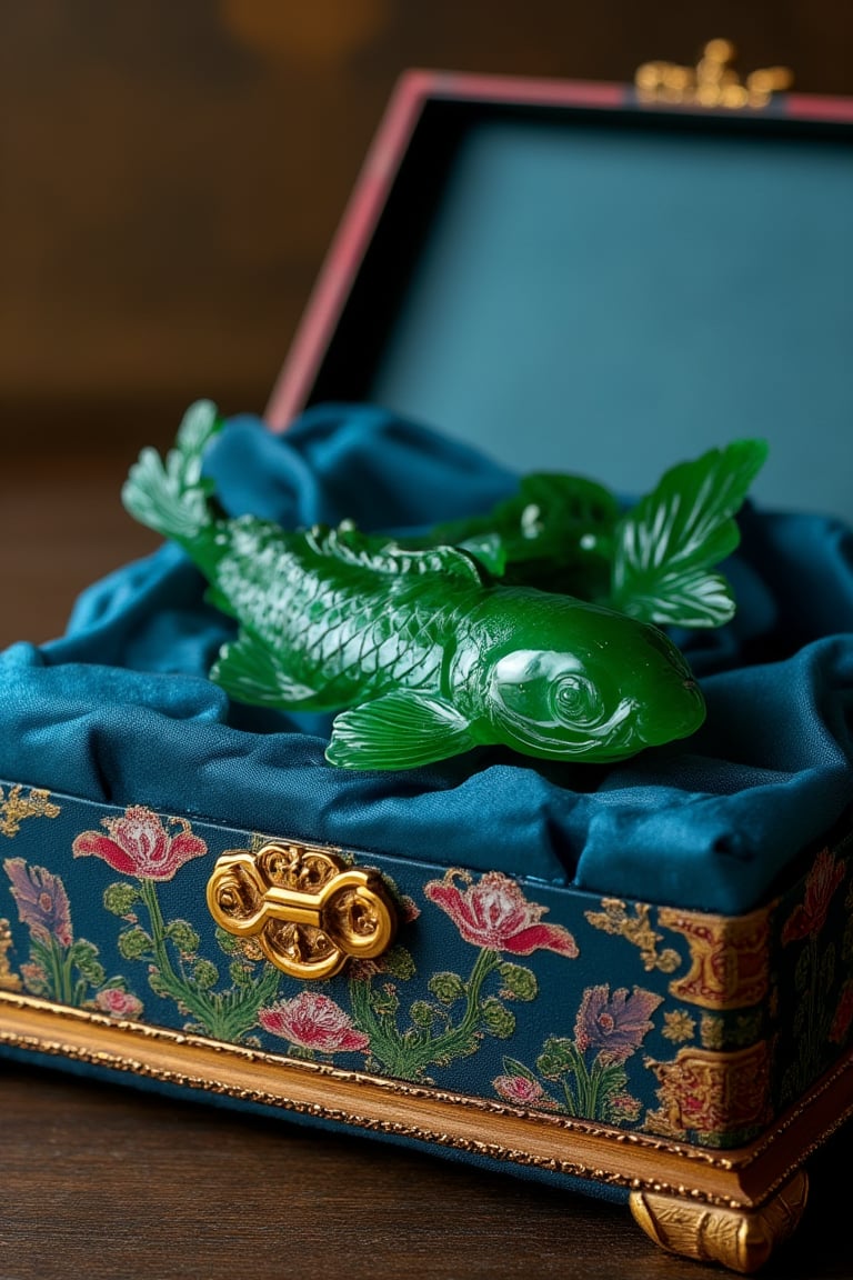 A traditional Chinese brocade box is opened, with a koi fish carved from emeralds supported by blue silk fabric.,Hanfu, KOLNB