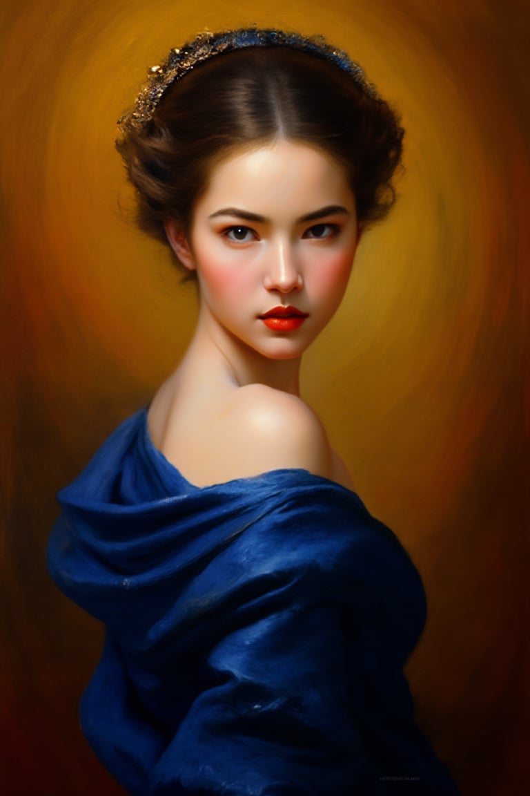 (masterpiece, vibrant colors, high contrast, dynamic lighting) "A fine art oil painting of a classically styled portrait, in the style of Beyoncé Giselle,  framed to show the upper body of the subject, including the head, shoulders, and part of the torso. The subject has a poised, introspective expression, with sharp focus on the face, particularly the eyes and bold red lips. The subject is dressed in a rich, deep blue draped fabric that elegantly wraps around the shoulders and upper body, creating a striking contrast against the subject's pale, smooth skin. The skin has a soft, luminous glow, enhanced with warm undertones that give it a radiant quality. The hair is styled in an elegant updo, with subtle highlights that catch the light. The background is a rich, warm gradient that complements the subject's complexion and adds depth to the composition. The lighting is dynamic and bold, originating from the upper left, casting warm, golden light that creates dramatic shadows and enhances the subject's features. The overall tone is vibrant, with deep, saturated colors and high contrast, emphasizing the subject's serene, contemplative mood while adding richness and depth to the image. Render the final image in HDR and 8K resolution for exceptional clarity, with balanced sharpness to ensure all details, including facial features and the draped fabric, are vivid and distinct."