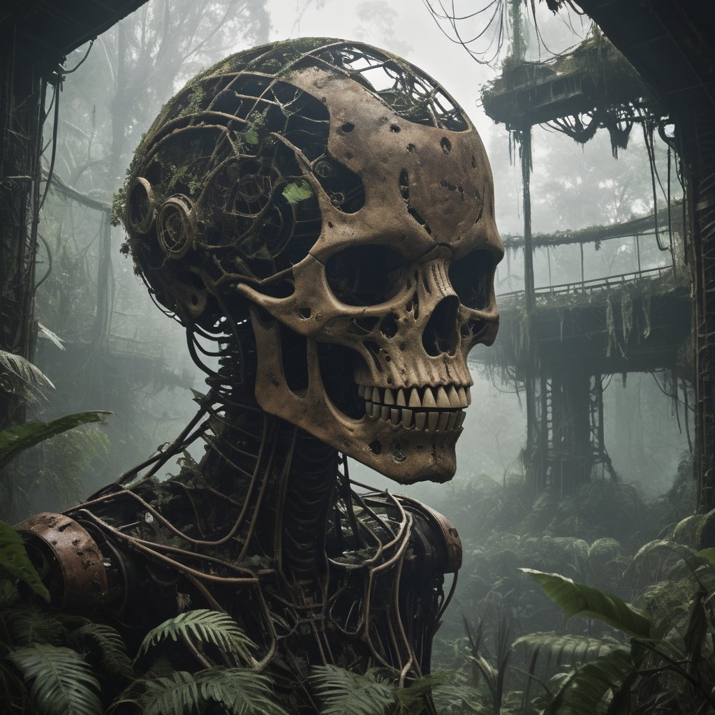 The image features a large, skeletal structure resembling a skull, covered in rust and vegetation, suggesting an abandoned or post-apocalyptic setting. The structure's mechanical details imply it could be a piece of advanced technology, possibly from a science fiction context. The presence of the woman with futuristic attire indicates that this scene is set in a world where such advanced technology exists, and the environment is consistent with a jungle or rainforest, adding to the sense of exploration and discovery. The image does not contain any real people, but rather a figure that could be interpreted as a character from a story set in a dystopian or post-apocalyptic future.,HKMECHA