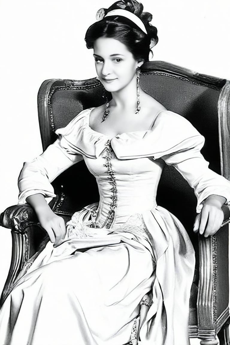 Add color,line art, a woman seated on an antique chair, dressed in period attire, which suggests a historical context. The woman's pose and the style of her dress can provide insights into the fashion of the era depicted. The grayscale tone of the image adds to the historical feel, as it is reminiscent of early photographic processes. The background is minimalistic, focusing attention on the subject. The woman's expression and posture convey a sense of poise and elegance., lowkey portrait of