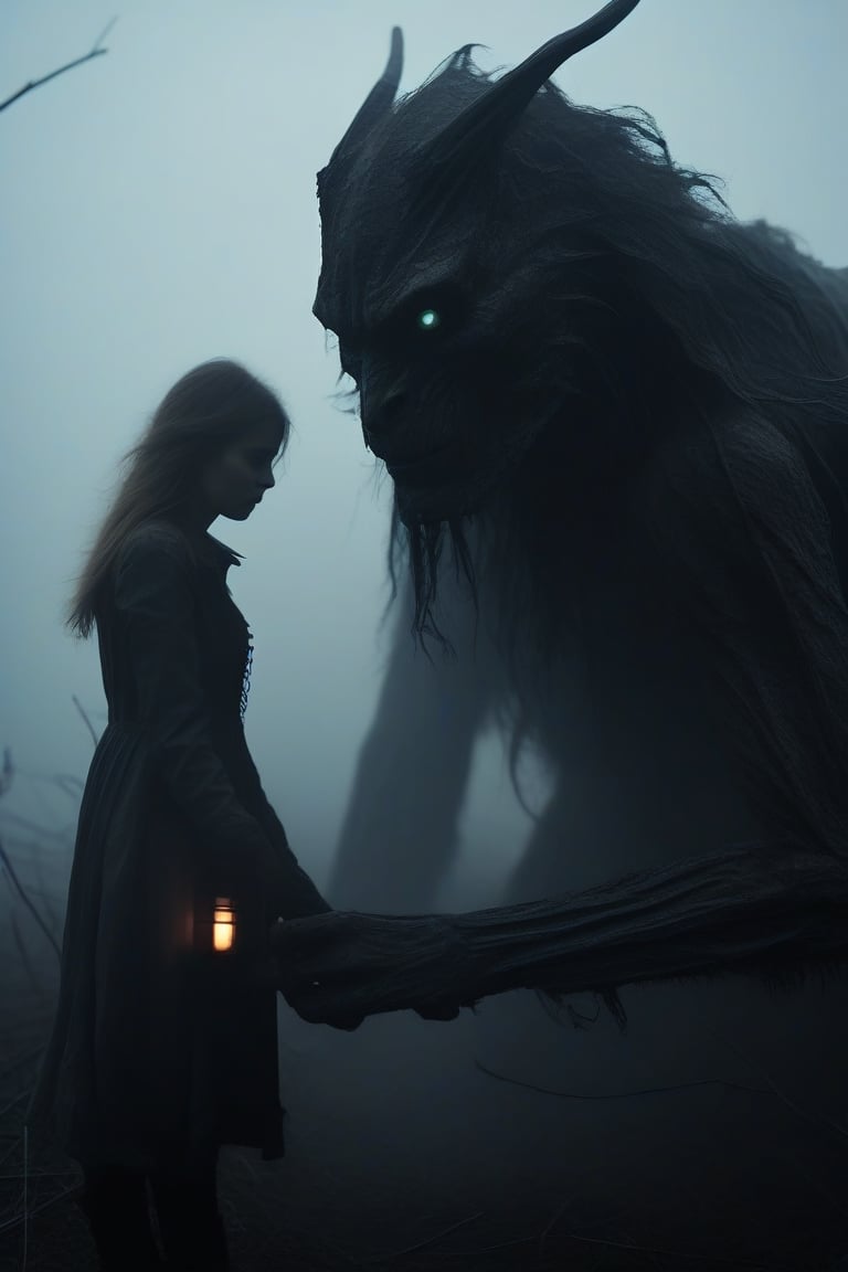 A haunting shot of a decrepit creature's grip on the trembling girl, set against a desolate, mist-shrouded backdrop. The camera frames their macabre dance, with the monstrosity's putrid hands grasping her shoulders and its vacant eyes locked onto hers. Dim, flickering torchlight casts eerie shadows as the beast's decaying lips whisper an ominous warning: Prepare to meet the darkness.