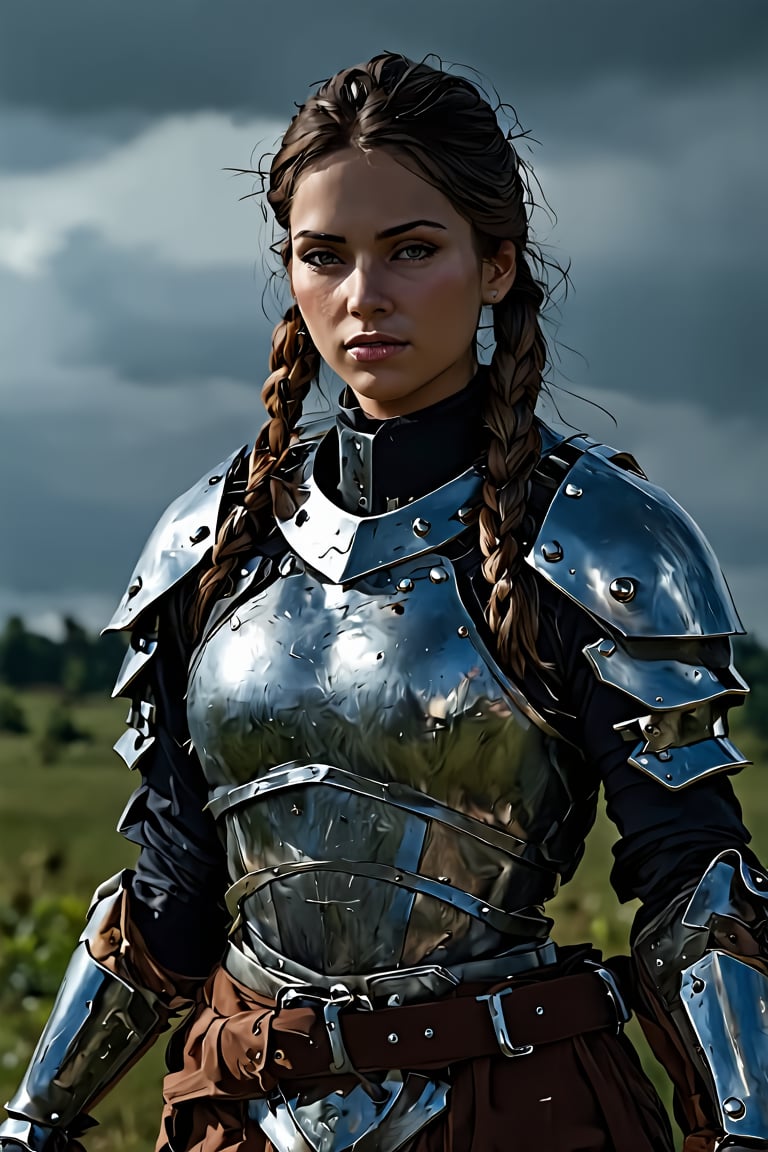 Female Roman soldier, braided hair,battle ground setting,facing camera, finely detailed armor,Dark blue details, intricate design and details, ultra detailed, highest detail quality, ultra realistic, photography lighting, overcast reflection mapping, photorealistic, cinemeatic, movie quality rendering, octane rendering, focused, 8k, depth of field, real shadow, vfx post production,full_body