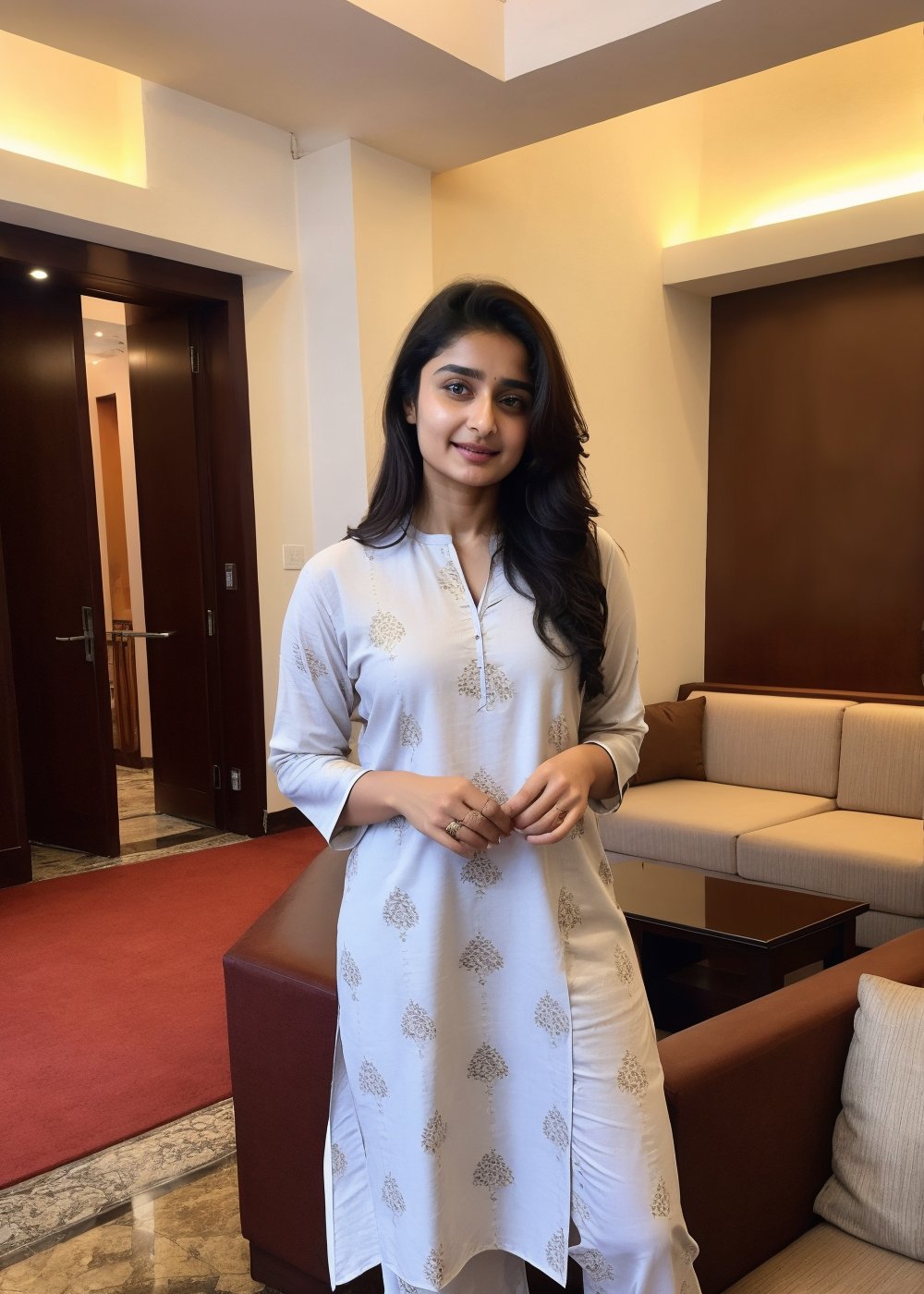 Lovely cute hot Alia Bhatt, acute an Instagram model 22 years old, full-length, long blonde_hair, black hair, Black dress, in Five Star hotel, Indian, wearing a Pakistai dress Kurti pajama, Lives text on top, thin shaped_body,