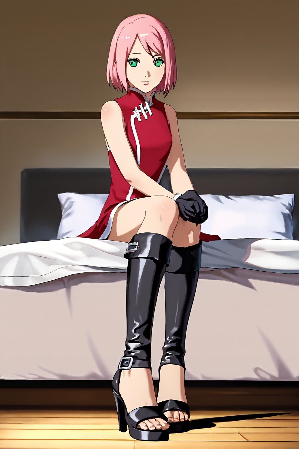 (masterpiece, best quality), (high detailed skin, detailed eyes:1.1), 

Sakura Haruno, pink hair, green eyes, detailed eyes 8k uhd, soft lighting, intricate details, best quality, grain, 1girl,  full body view, long legs, small feet,

sexy,  black Peep Toe Knee High Boots, detailed boots,red sleeveless dress, black footwear, black, gloves, high heel boots, open toe footwear,

in her bedroom, look to the camera, sensual pose,her foot on a cock doing a footjob slowly wearing boots,