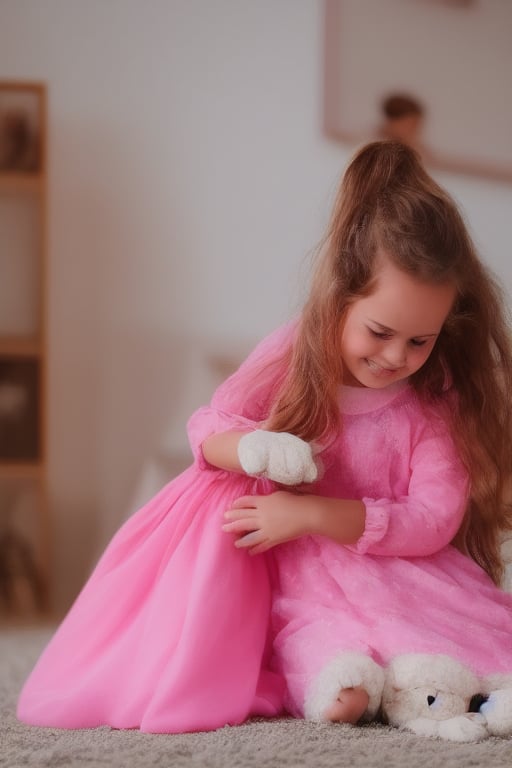 a girl in a pink dress, playing with a stuffed dog