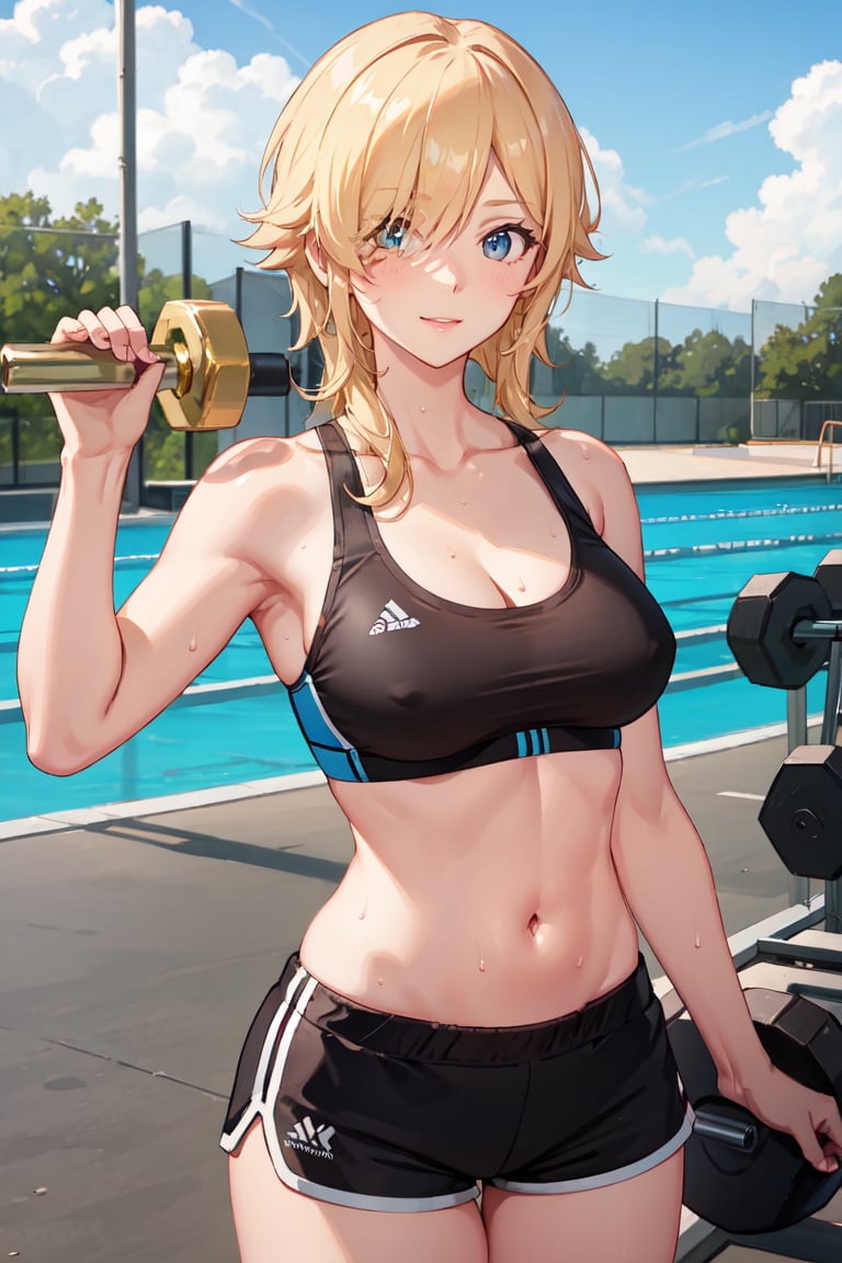 at outdoor gym, blue eye, hair over one eye, covered eye, blonde hair, perfect hands, short hair,SportAi, blush, smile, closed mouth, sweat, sweatdrop, large breasts, breasts,navel, cleavage, thighs, shorts, midriff, stomach, crop top, short shorts, black shorts, clothes writing, sports bra, dolphin shorts,upper body, looking at viewer, dumbbell