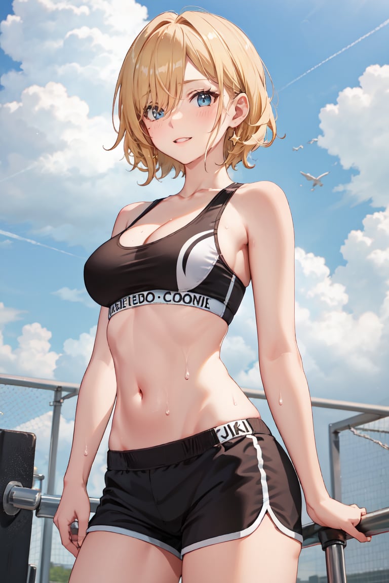 at outdoor gym, blue eye, hair over one eye, covered eye, blonde hair, perfect hands, short hair,SportAi, blush, smile, closed mouth, sweat, sweatdrop, large breasts, breasts,navel, cleavage, thighs, shorts, midriff, stomach, crop top, short shorts, black shorts, clothes writing, sports bra, dolphin shorts,upper body, looking at viewer