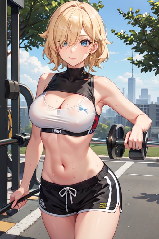 at outdoor gym, blue eye, hair over one eye, covered eye, blonde hair, perfect hands, short hair,SportAi, blush, smile, closed mouth, sweat, sweatdrop, large breasts, breasts,navel, cleavage, thighs, shorts, midriff, stomach, crop top, short shorts, black shorts, clothes writing, sports bra, dolphin shorts,upper body, looking at viewer, dumbbell