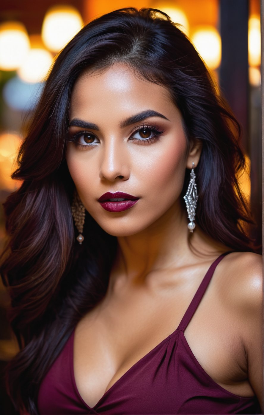 A sultry upclose portrait of a stunning Latina woman, her features illuminated by the warm glow of the restaurant's night ambiance. She wears a striking maroon top that accentuates her curves, her dark hair falling softly around her face. Her eyes sparkle with confidence as she gazes directly into the camera, her full lips painted a subtle shade that complements her radiant complexion. The composition is tight and intimate, inviting the viewer to step closer and experience the allure of this captivating subject.