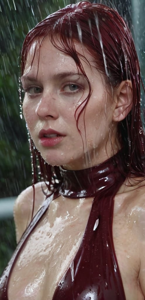 A close-up shot of the subject's face is framed by her luscious, wet locks, which cascade down her porcelain skin like a velvet curtain. The burgundy latex jumpsuit hugs her curves, glistening with raindrops that create tiny diamonds on its surface. Her gaze is introspective, eyes cast downward as she stands beneath the torrential downpour.