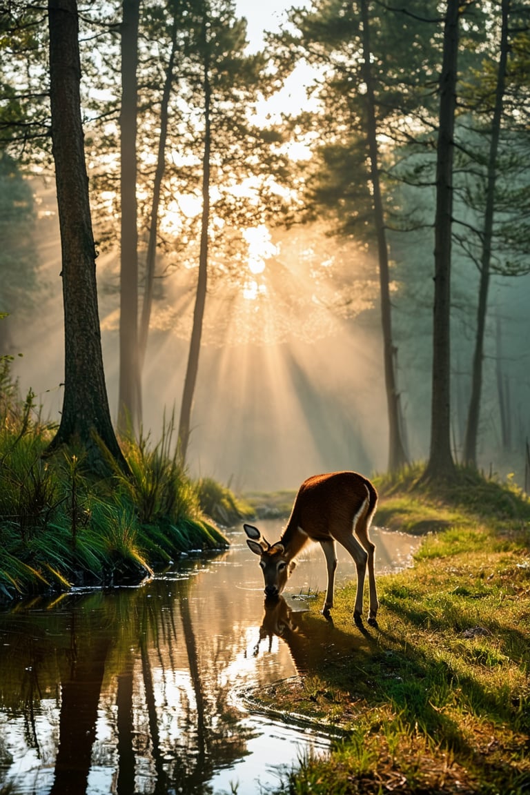 Photorealistic image of a serene forest at dawn, with the first rays of sunlight piercing through the mist and casting long shadows. A deer is quietly drinking from a stream, its reflection clear in the water. The image should be highly detailed, high definition, 4k, with a focus on the play of light and shadow and the tranquility of the scene.