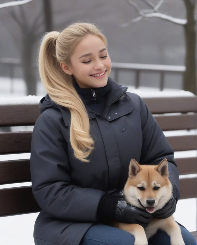 1girl, solo, long hair, smile, blonde hair, gloves, jacket, closed eyes, ponytail, outdoors, dark skin, dark-skinned female, coat, animal, snow, dog, bench