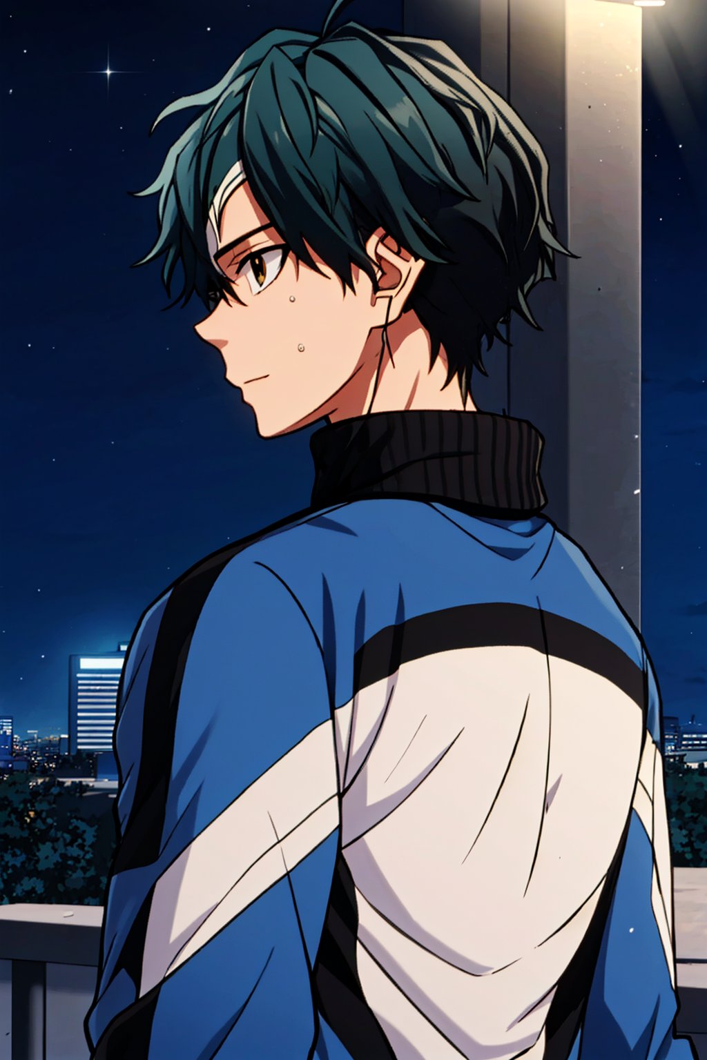 anime style boy, brown eyes, he is looking back, he has headphones on, his hair is black and blue, his hair falls over his forehead, he has a white tank top under a very worn blue jacket, behind him there is a city ​​at night but illuminated.