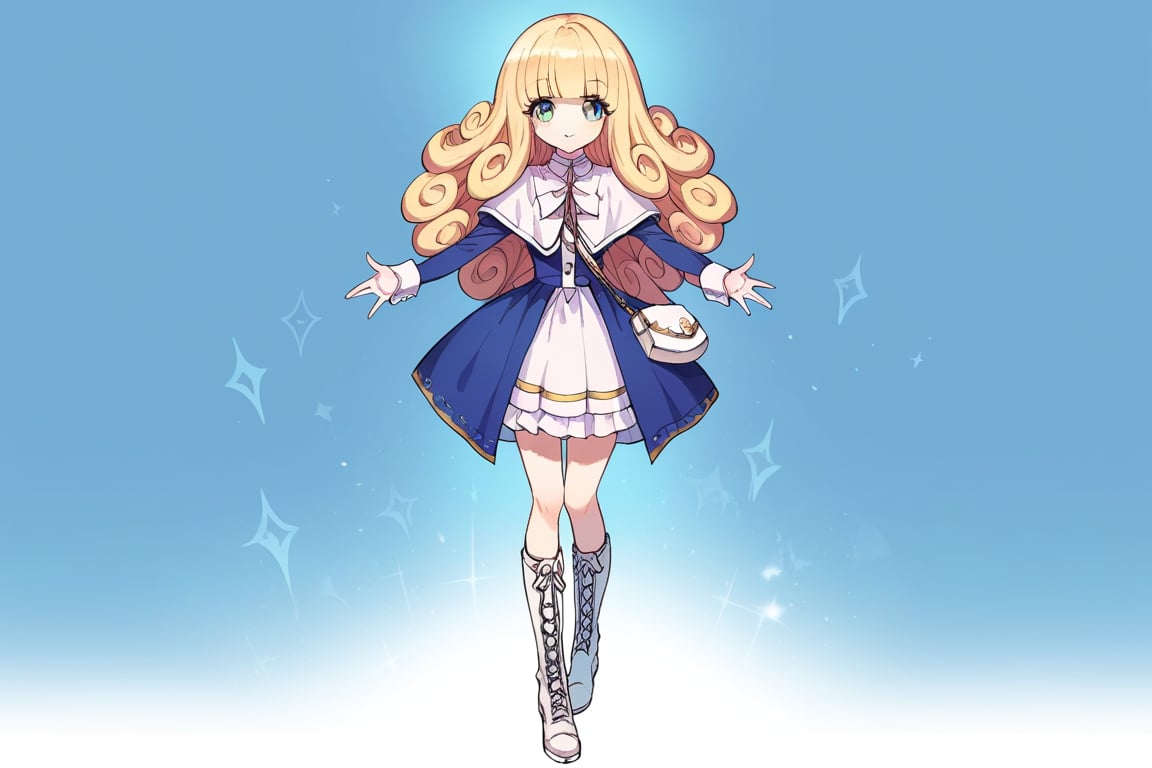 high quality, beautiful, masterpiece, high_quality, score_9, score_8_up, score_7_up, source_anime, perfect_lighting, score_6_up, poporon, blonde_hair, long_hair, blunt_bangs, curly_hair, bag, handbag, green_eyes, eyebrows, boots, knee_bots, white_footwear, long_sleeves,USA_style, spread_arms, incoming_hug, pov, outstretched_arms, abstract_background