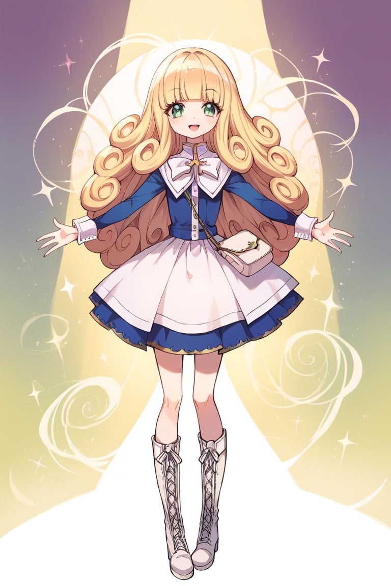 high quality, beautiful, masterpiece, high_quality, score_9, score_8_up, score_7_up, source_anime, perfect_lighting, score_6_up, poporon, blonde_hair, long_hair, blunt_bangs, curly_hair, bag, handbag, green_eyes, eyebrows, boots, knee_bots, white_footwear, long_sleeves,USA_style, spread_arms, incoming_hug, pov, outstretched_arms, abstract_background