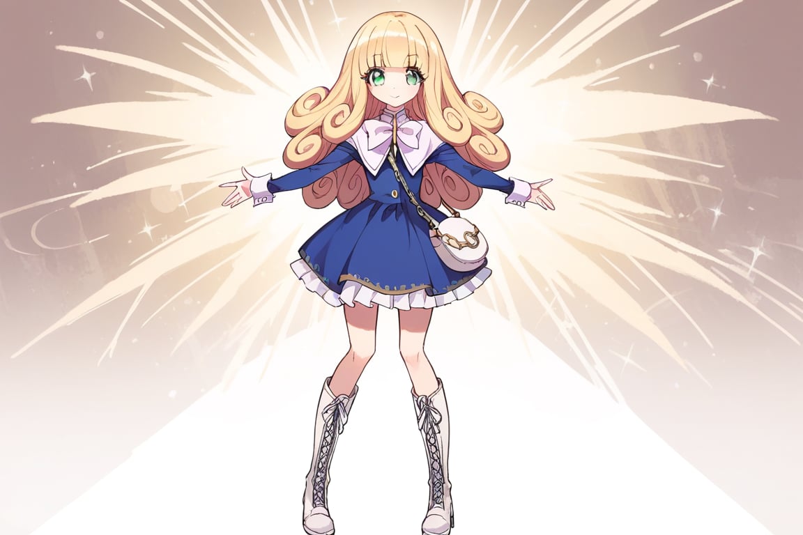 high quality, beautiful, masterpiece, high_quality, score_9, score_8_up, score_7_up, source_anime, perfect_lighting, score_6_up, poporon, blonde_hair, long_hair, blunt_bangs, curly_hair, bag, handbag, green_eyes, eyebrows, boots, knee_bots, white_footwear, long_sleeves,USA_style, spread_arms, incoming_hug, pov, outstretched_arms, abstract_background