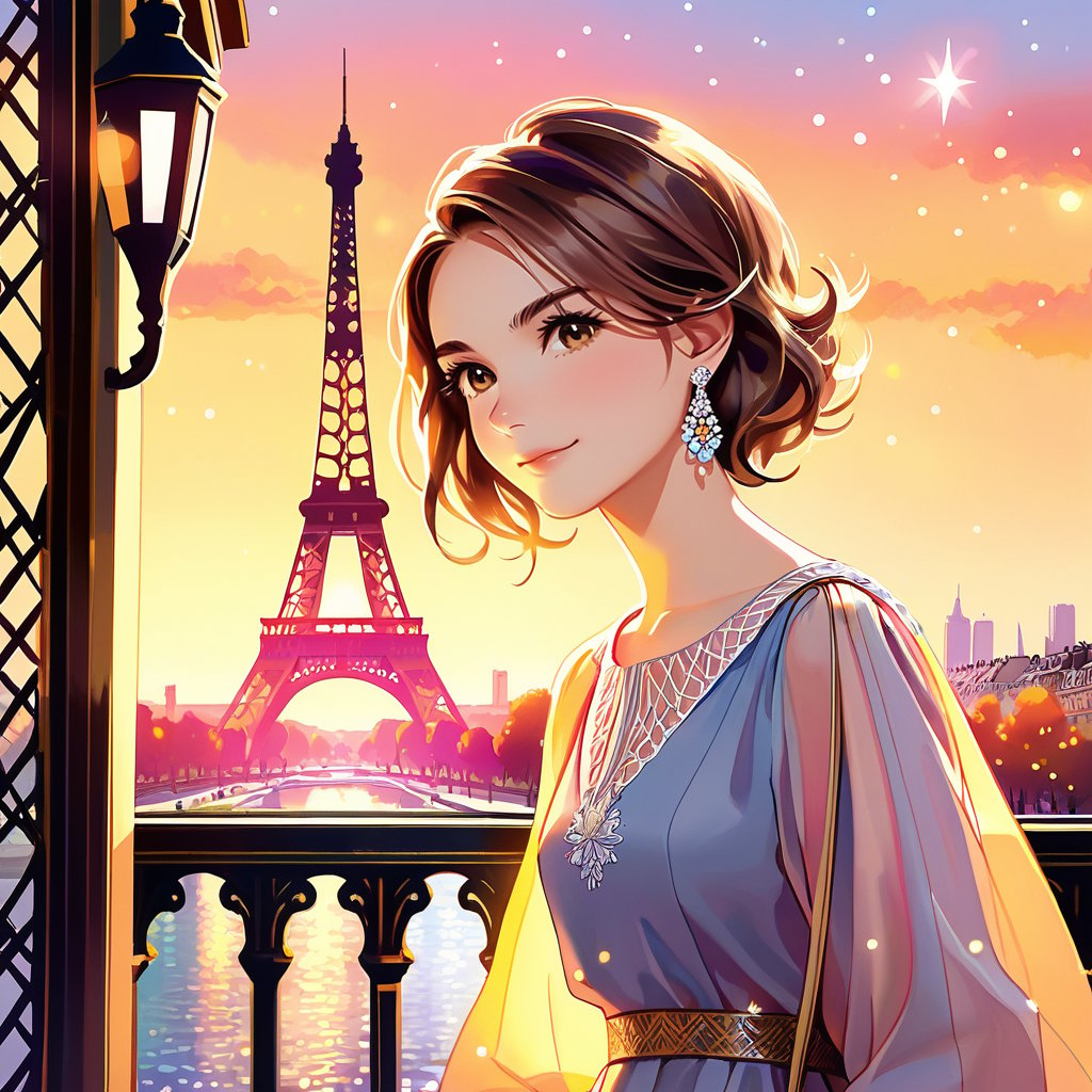 A captivating young woman poses with poise in front of the iconic Eiffel Tower's soft iron latticework, her perfectly coiffed brown bob and warm smile radiating confidence against the pastel-hued background. Trendy brown glasses perch on the end of her nose, drawing attention to her bright brown eyes that sparkle like the City of Love's twinkling lights. Pearl earrings adorn her ears as she confidently stands in high-contrast against the tower's grandeur, showcasing her stylish ensemble and the city's majestic backdrop.