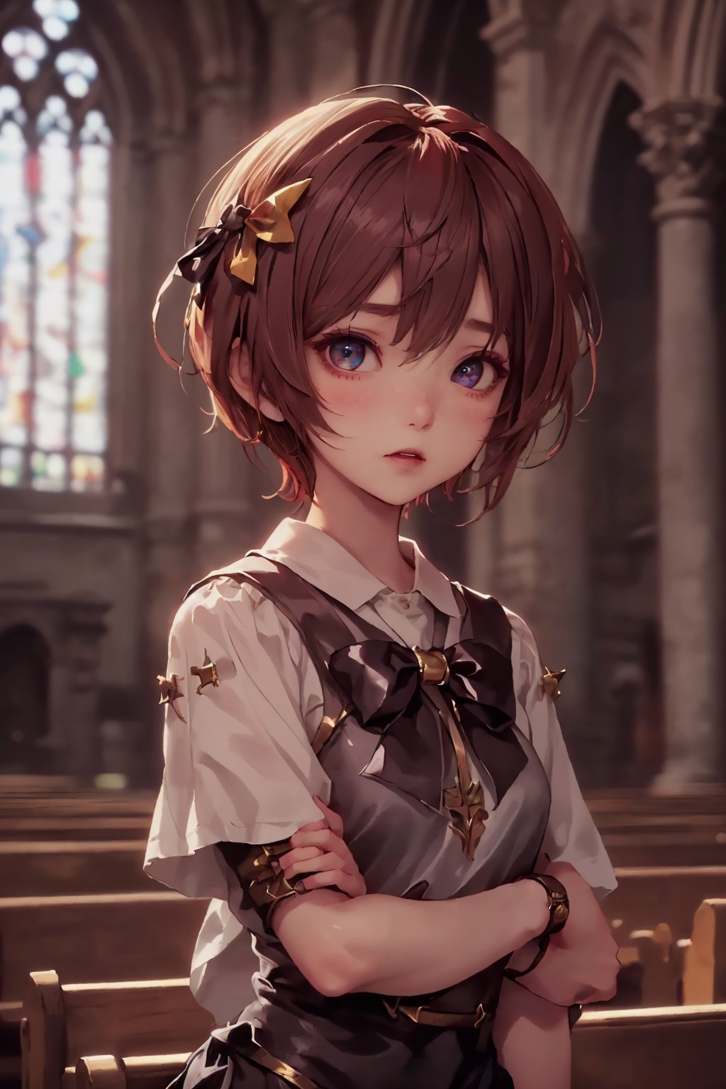 1girl, cute, st3llarlilly,serious expression, short hair,holy_knight, whole-length , church,
have to long bow, piercing eyes