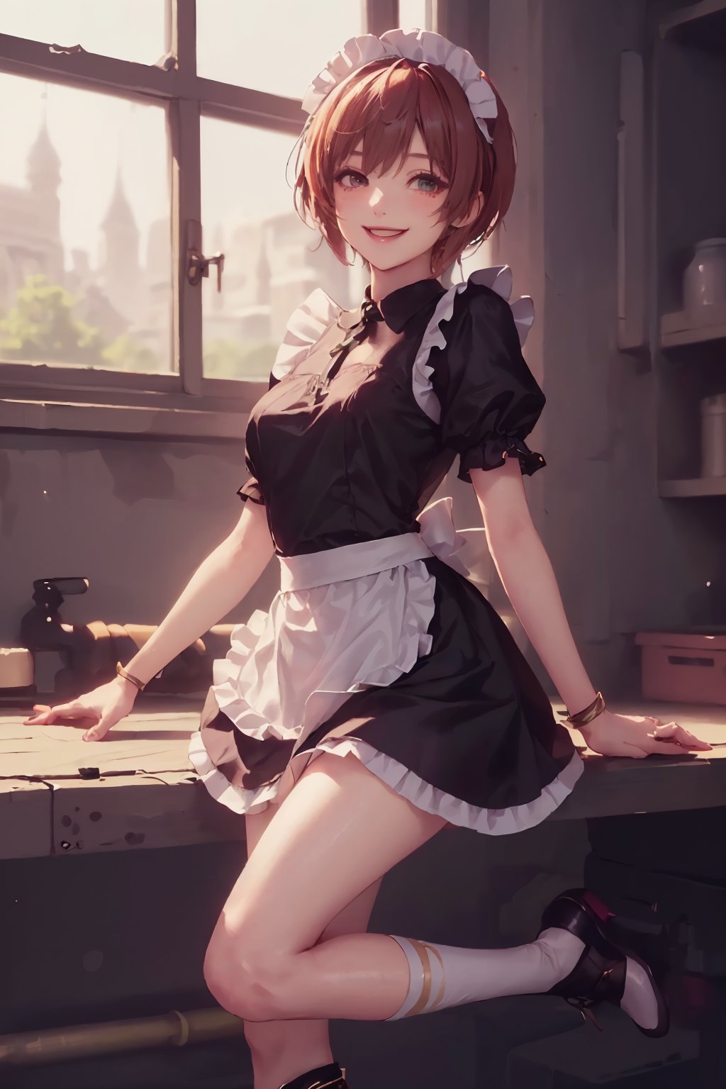 1girl, cute, st3llarlilly, smiling, short hair, maid_uniform,leg_spread