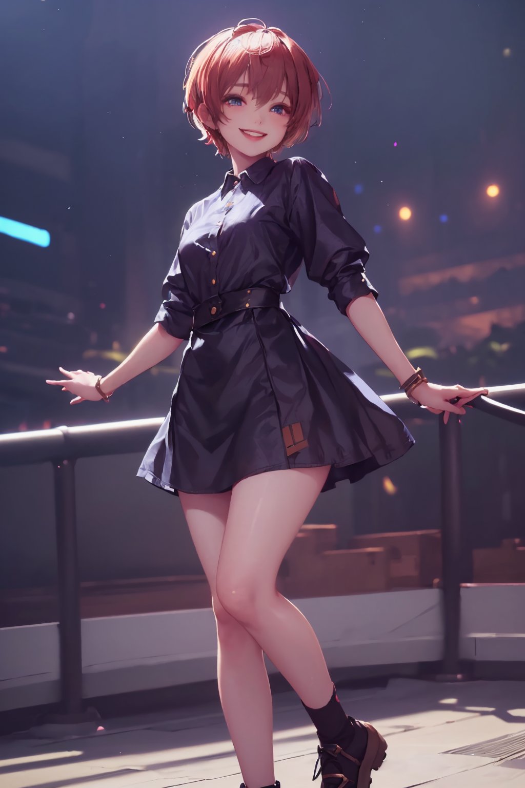 1girl, cute, st3llarlilly, smiling, short hair,dress_shirt, legs_open