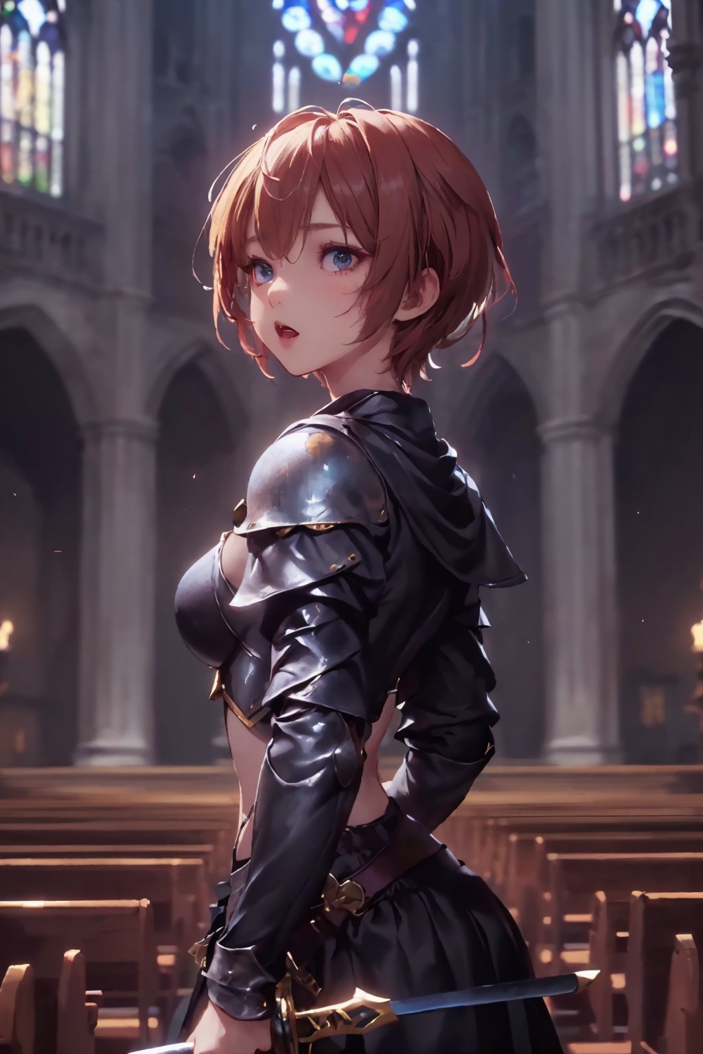 1girl, cute, st3llarlilly,serious expression, short hair,holy_knight, whole-length , church,have to sword