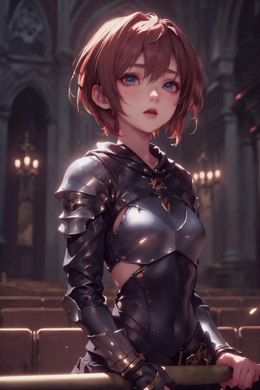 1girl, cute, st3llarlilly,serious expression, short hair,holy_knight, whole-length , church,
have to Blunt Weapon, piercing eyes, put_on_basinet