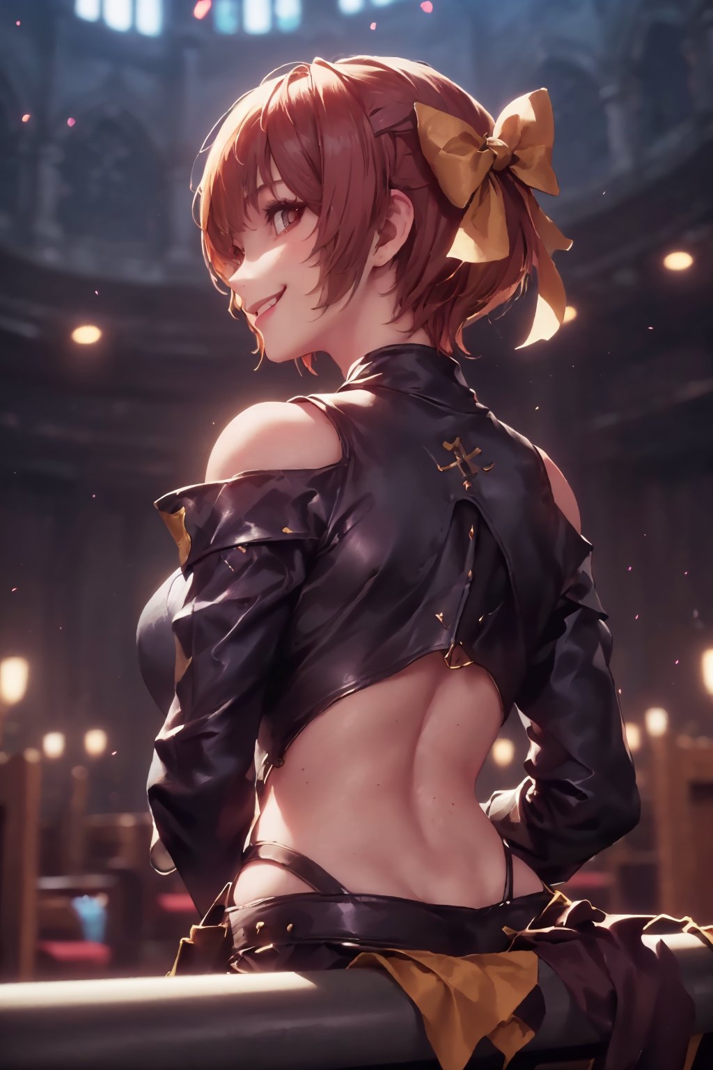1girl, cute, st3llarlilly,smiling, short hair,holy_knight, whole-length , church,
have to Blunt Weapon, piercing eyes, back_bow