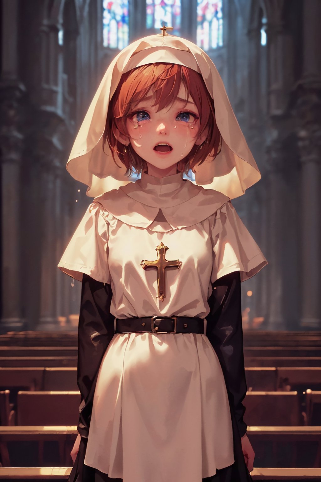 1girl, cute, st3llarlilly, crying_tears, short hair,nun_clothing,  pray, exposed_face, church,looking_at_the Virgin Mary