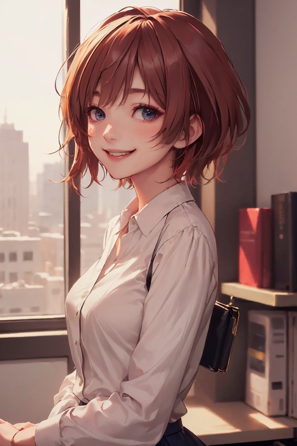 1girl, cute, st3llarlilly, smiling, short hair,  office_lady