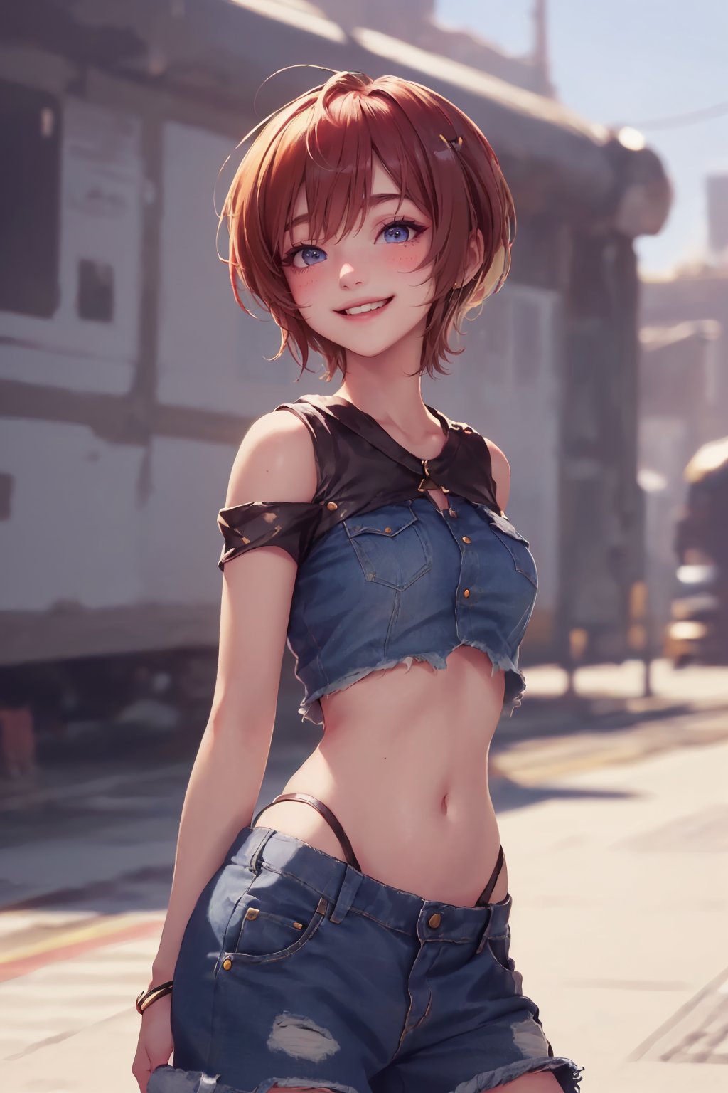 1girl, cute, st3llarlilly, smiling, short hair, denim_shorts