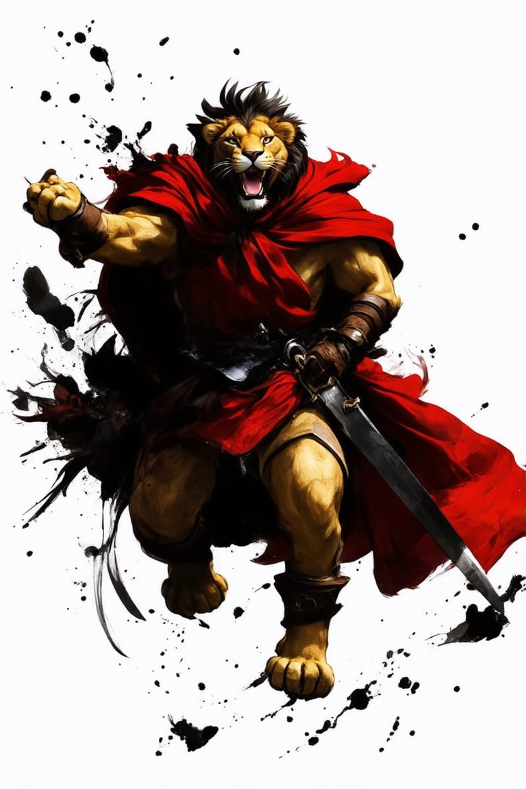 Majestic depiction of The Lion Warrior: A regal figure, dressed in a flowing red cloak, stands confidently mid-battle cry amidst a whirlwind of ink splashes. With a swift slash, he unleashes his sharp sword aimed directly at the enemy. His expression remains serene, exuding calm determination, Upper body close-up, as dynamic pose and bold lines capture the intensity of douqi.,illustration,Ink splashes