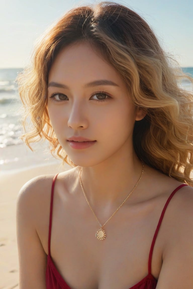 (Best quality, 8k, 32k, raw photo, photorealistic, UHD:1.2), A captivating image of Malaysian young woman with brautiful expressive eyes and blonde curly hair. She is leaning forward on a sun-drenched sandy beach, her red sleeveless top and necklace glowing under the warm golden sunlight. The texture of the sand is expertly rendered, and the sun's rays dance on her face, accentuating her features. In the background, the gentle waves of the sea lap at the shore, and the slightly blurred horizon emphasizes the depth of the scene. This captivating image exudes relaxation and tranquility, perfect for a beachside scene.