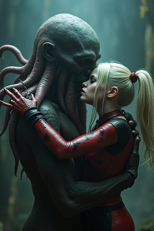 In a chilling and enchanting scene, a faceless tentacle monster tenderly embraces a frightened yet adorable Harley Quinn, creating a stark contrast between the dreadful presence of Cthulhu and the cuteness of his victim. Despite the terrifying situation, an unexpected romantic and sensual tenderness emerges between the two, weaving an unexpected depth into the composition and adding nuance to the horrifying premise. The dreadful yet beautiful image exudes a fascinating blend of fear, curiosity, and affection, as if plucked from the pages of a classic Lovecraftian tale. This unforgettable scene encapsulates the essence of the mind-bending, gothic horror that has captivated audiences for generations, inviting viewers to explore the fascinating realms of terror and tenderness that lie beyond the boundaries of the mundane.